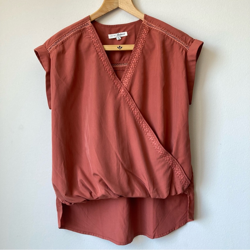 Jachs Girlfriend Top Women XS Terracota Embroidered Faux Wrap Hi Low Blouse